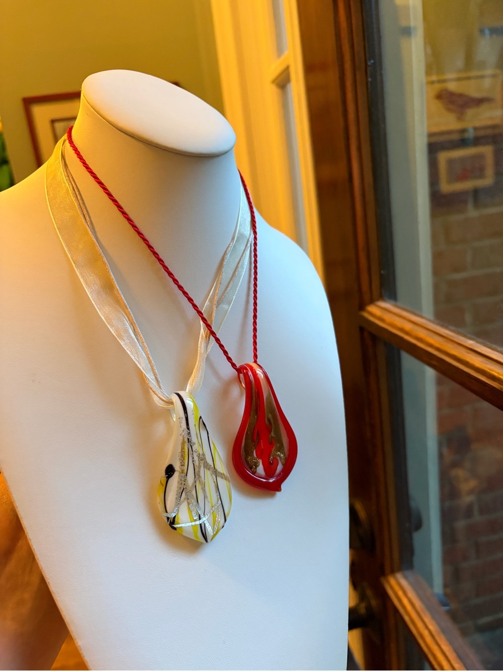 Pair of Glass Teardrop Pendant Necklaces in Red and Yellow